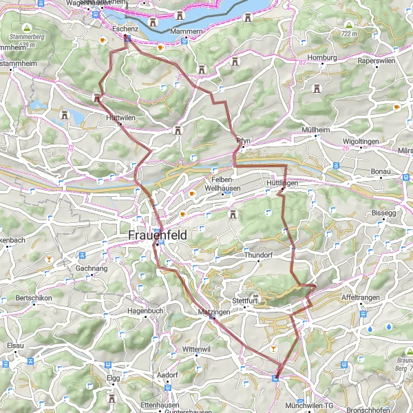 Miniatua del mapa de inspiración ciclista "Ruta Hüttwilen - Luegi" en Ostschweiz, Switzerland. Generado por Tarmacs.app planificador de rutas ciclistas