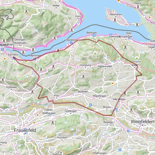 Karttaminiaatyyri "Eschenz - Hochwacht Gravel Cycling Route" pyöräilyinspiraatiosta alueella Ostschweiz, Switzerland. Luotu Tarmacs.app pyöräilyreittisuunnittelijalla