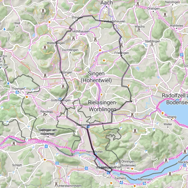 Miniature de la carte de l'inspiration cycliste "Parcours Historique de la Campagne Suisse" dans la Ostschweiz, Switzerland. Générée par le planificateur d'itinéraire cycliste Tarmacs.app