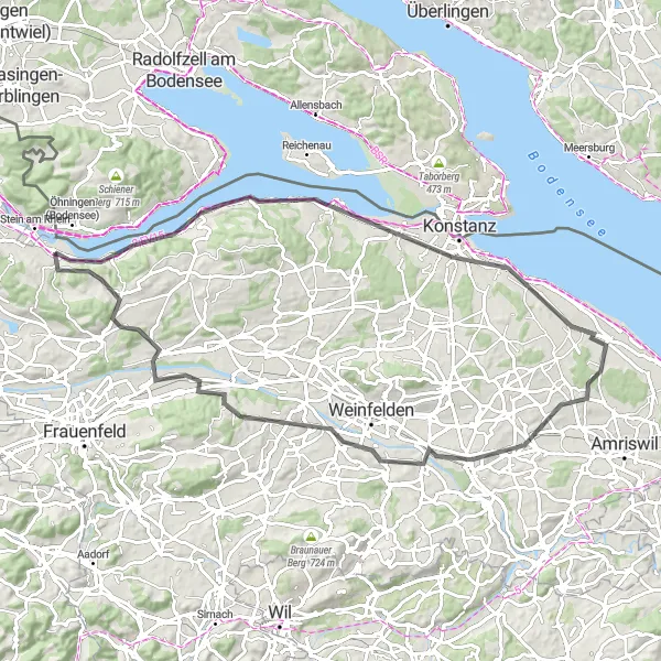 Miniatura della mappa di ispirazione al ciclismo "Giro tra laghi e castelli" nella regione di Ostschweiz, Switzerland. Generata da Tarmacs.app, pianificatore di rotte ciclistiche