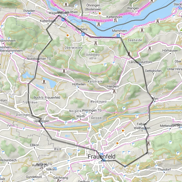 Miniaturekort af cykelinspirationen "Landevejscykelrute til Frauenfeld" i Ostschweiz, Switzerland. Genereret af Tarmacs.app cykelruteplanlægger