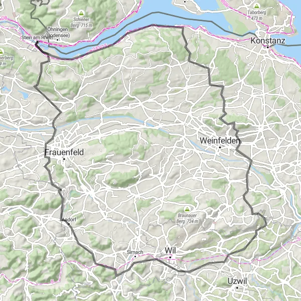 Mapa miniatúra "Cestná trasa cez Klingenstrasse, Steckborn, Napoleonturm, Wäldi, Ottenberg, Bürglen TG, Vogelherd, Wilen bei Wil, Hackenberg, Aadorf, Schalmenbuck a Wagenhausen" cyklistická inšpirácia v Ostschweiz, Switzerland. Vygenerované cyklistickým plánovačom trás Tarmacs.app