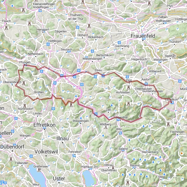 Miniatura della mappa di ispirazione al ciclismo "Gravel intorno a Eschlikon" nella regione di Ostschweiz, Switzerland. Generata da Tarmacs.app, pianificatore di rotte ciclistiche