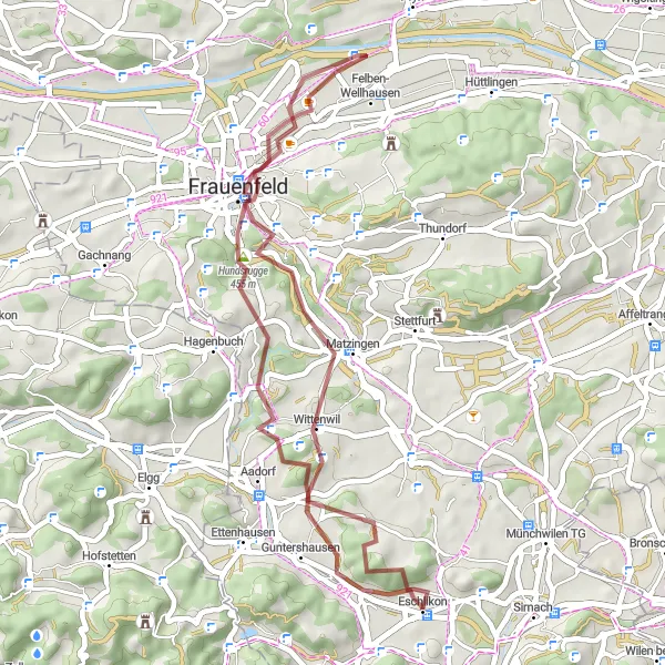 Miniatua del mapa de inspiración ciclista "Ruta de Grava por Frauenfeld y Aadorf" en Ostschweiz, Switzerland. Generado por Tarmacs.app planificador de rutas ciclistas