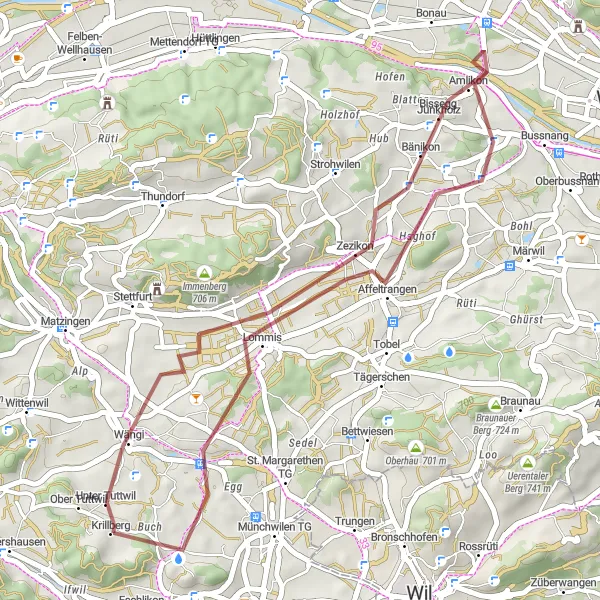Miniaturekort af cykelinspirationen "Grusvejstur til Dammbüel og Zezikon" i Ostschweiz, Switzerland. Genereret af Tarmacs.app cykelruteplanlægger