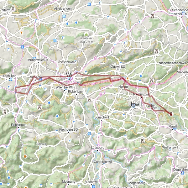 Map miniature of "Sirnach and Wallenwil Gravel Loop" cycling inspiration in Ostschweiz, Switzerland. Generated by Tarmacs.app cycling route planner