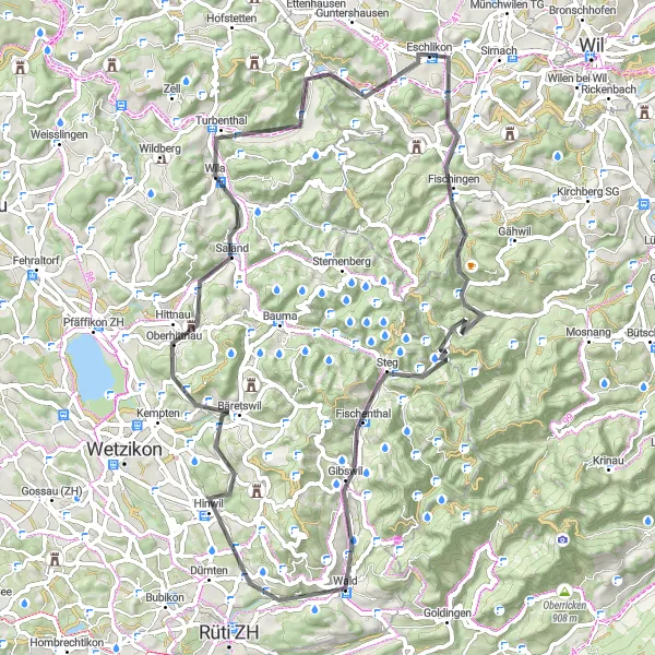 Karttaminiaatyyri "Fischingen - Hinwil - Bäretswil" pyöräilyinspiraatiosta alueella Ostschweiz, Switzerland. Luotu Tarmacs.app pyöräilyreittisuunnittelijalla