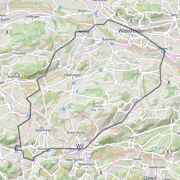 Map miniature of "Eschlikon-Lommis-Bürglen TG-Jubla Turm Sirnach-Sirnach-Eschlikon" cycling inspiration in Ostschweiz, Switzerland. Generated by Tarmacs.app cycling route planner