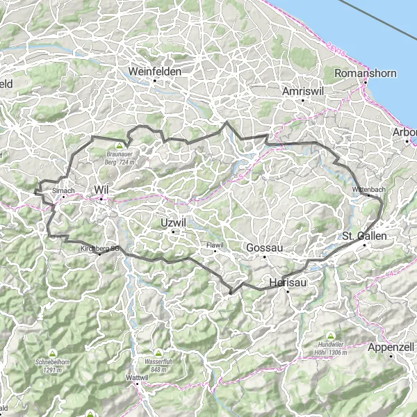 Kartminiatyr av "Münchwilen TG till Oberwangen TG" cykelinspiration i Ostschweiz, Switzerland. Genererad av Tarmacs.app cykelruttplanerare