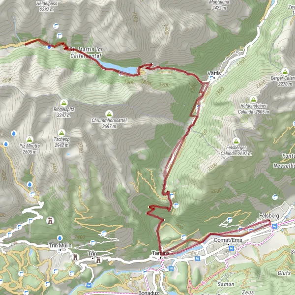Miniatua del mapa de inspiración ciclista "Ruta de Ciclismo de Grava de Felsberg a Tamins" en Ostschweiz, Switzerland. Generado por Tarmacs.app planificador de rutas ciclistas