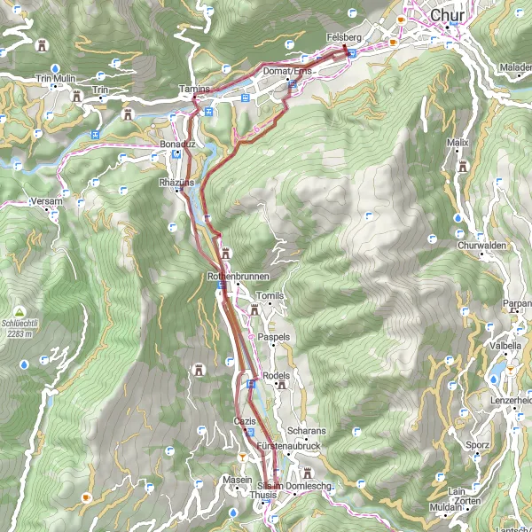 Miniature de la carte de l'inspiration cycliste "Parcours gravel autour de Felsberg" dans la Ostschweiz, Switzerland. Générée par le planificateur d'itinéraire cycliste Tarmacs.app