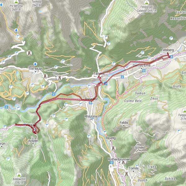 Miniatua del mapa de inspiración ciclista "Ruta de Grava desde Felsberg a Bonaduz" en Ostschweiz, Switzerland. Generado por Tarmacs.app planificador de rutas ciclistas