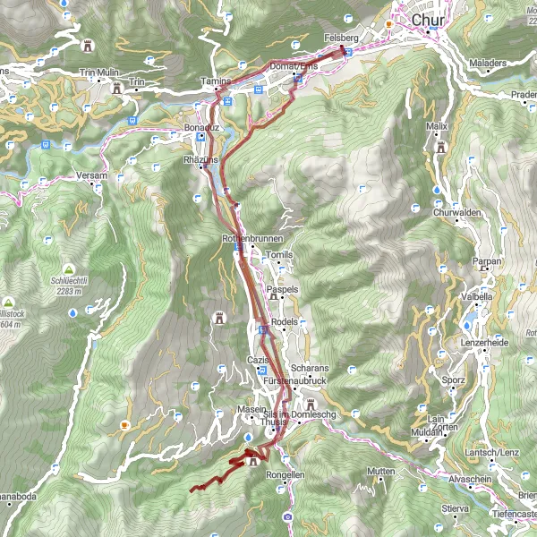 Miniatua del mapa de inspiración ciclista "Ruta de Grava desde Felsberg a Thusis" en Ostschweiz, Switzerland. Generado por Tarmacs.app planificador de rutas ciclistas