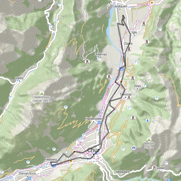 Karttaminiaatyyri "Felsbergin ympäri pyörällä" pyöräilyinspiraatiosta alueella Ostschweiz, Switzerland. Luotu Tarmacs.app pyöräilyreittisuunnittelijalla