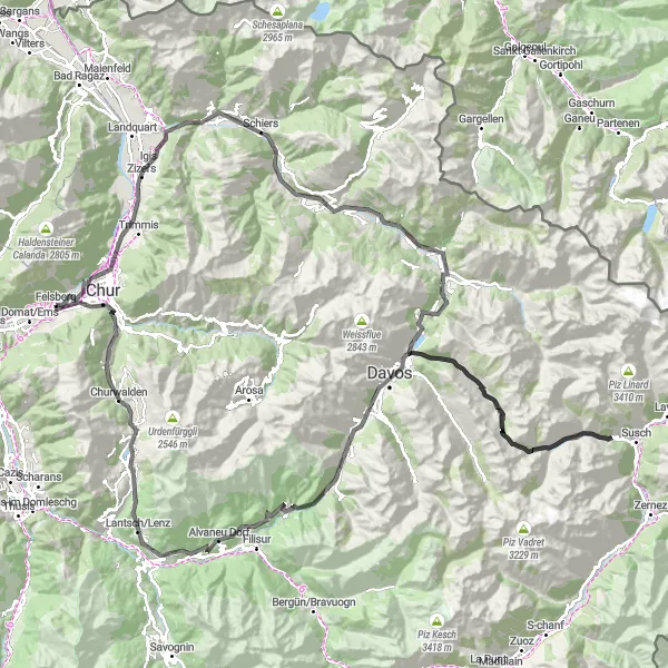 Miniatura della mappa di ispirazione al ciclismo "Tour ciclistico epico tra montagne e valli" nella regione di Ostschweiz, Switzerland. Generata da Tarmacs.app, pianificatore di rotte ciclistiche