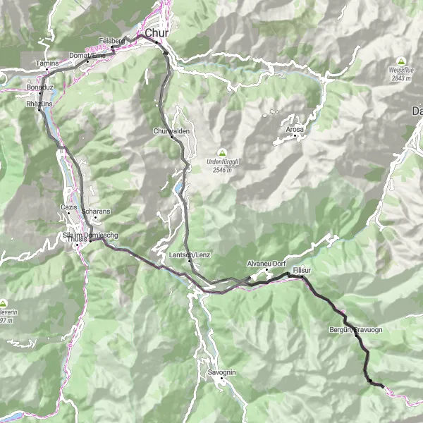 Kartminiatyr av "Spännande Road Cycling Route nära Felsberg" cykelinspiration i Ostschweiz, Switzerland. Genererad av Tarmacs.app cykelruttplanerare
