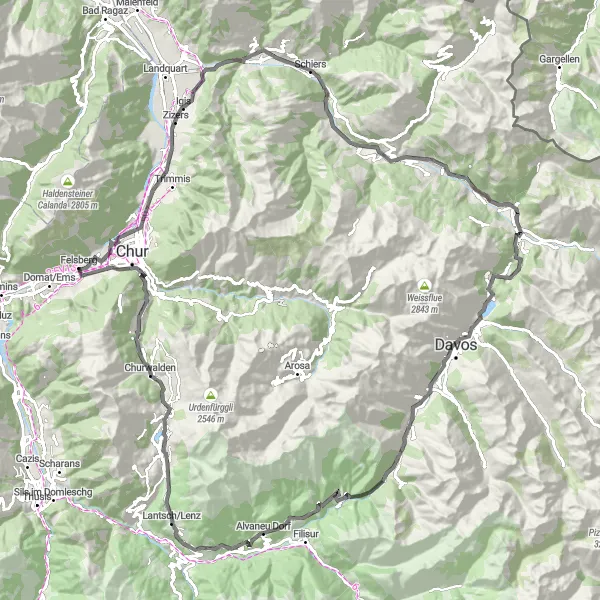 Miniatua del mapa de inspiración ciclista "Recorrido en bicicleta por Davos y Churwalden" en Ostschweiz, Switzerland. Generado por Tarmacs.app planificador de rutas ciclistas