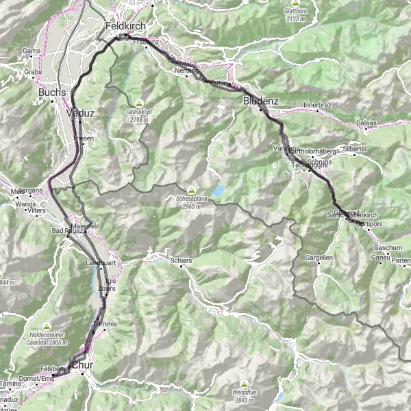 Map miniature of "Chur-Zizers-Felsberg Bad Ragaz" cycling inspiration in Ostschweiz, Switzerland. Generated by Tarmacs.app cycling route planner
