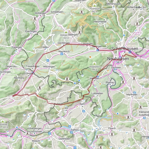 Mapa miniatúra "Gravel Route to Jestetten" cyklistická inšpirácia v Ostschweiz, Switzerland. Vygenerované cyklistickým plánovačom trás Tarmacs.app