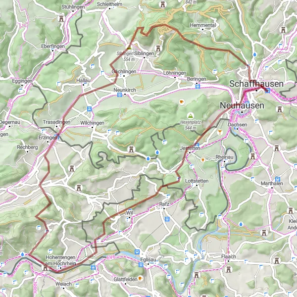 Mapa miniatúra "Rhine Falls Loop Trail" cyklistická inšpirácia v Ostschweiz, Switzerland. Vygenerované cyklistickým plánovačom trás Tarmacs.app