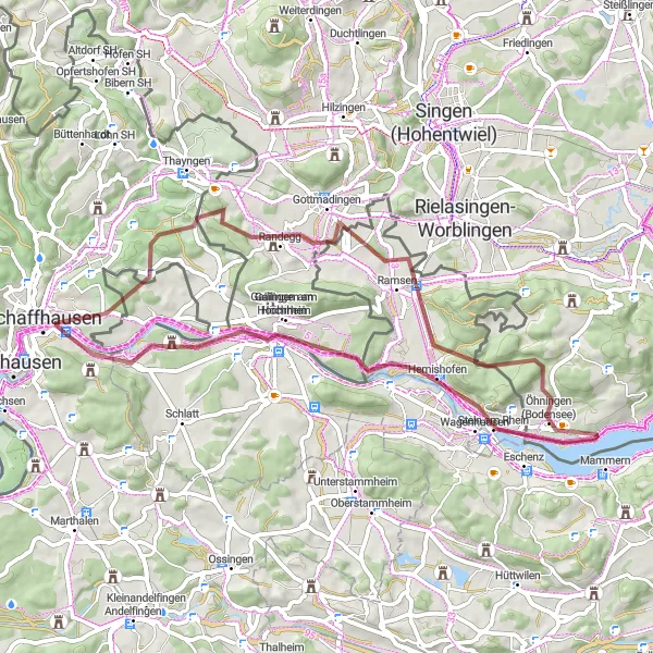 Mapa miniatúra "Gravel do Büsingen am Hochrhein" cyklistická inšpirácia v Ostschweiz, Switzerland. Vygenerované cyklistickým plánovačom trás Tarmacs.app