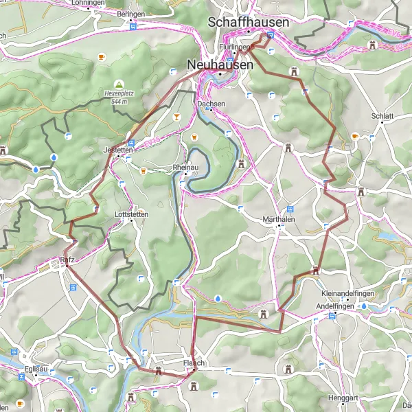 Kartminiatyr av "Schaffhausen Gravel Eventyr" sykkelinspirasjon i Ostschweiz, Switzerland. Generert av Tarmacs.app sykkelrutoplanlegger