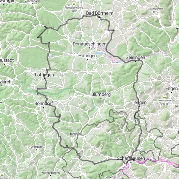 Map miniature of "Rheinfall and Black Forest Loop" cycling inspiration in Ostschweiz, Switzerland. Generated by Tarmacs.app cycling route planner