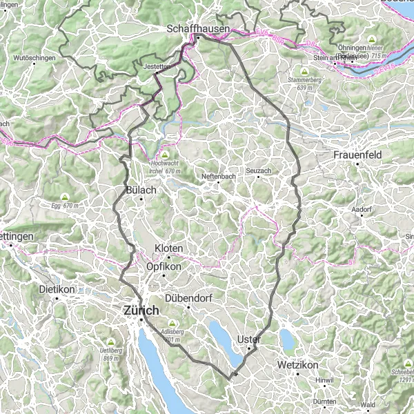 Miniatura della mappa di ispirazione al ciclismo "Avventura su strada tra Feuerthalen e Zurigo" nella regione di Ostschweiz, Switzerland. Generata da Tarmacs.app, pianificatore di rotte ciclistiche