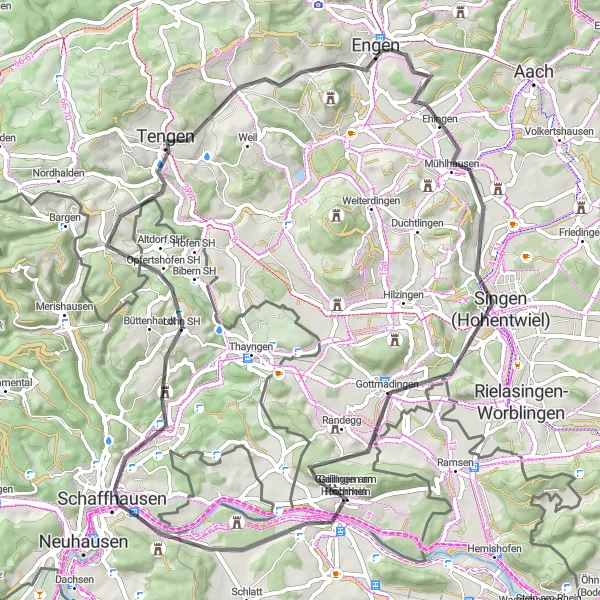 Miniatura della mappa di ispirazione al ciclismo "Percorso panoramico da Schaffhausen a Cholfirst" nella regione di Ostschweiz, Switzerland. Generata da Tarmacs.app, pianificatore di rotte ciclistiche