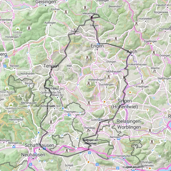 Map miniature of "Feuerthalen - Hohberg - Büttenhardt - Tengen - Wannenberg - Engen - Raststätte Im Hegau - Singen (Hohentwiel) - Fernseher - Gailingen am Hochrhein - Cholfirst - Feuerthalen" cycling inspiration in Ostschweiz, Switzerland. Generated by Tarmacs.app cycling route planner