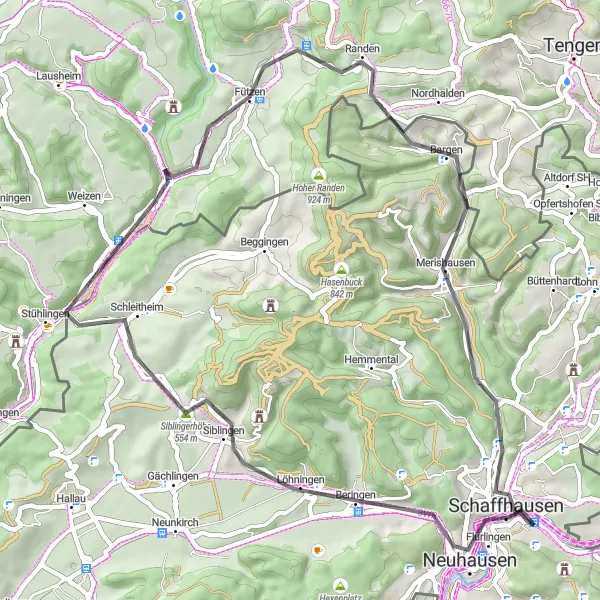 Mapa miniatúra "Jazda okolo vodopádu Rýna" cyklistická inšpirácia v Ostschweiz, Switzerland. Vygenerované cyklistickým plánovačom trás Tarmacs.app