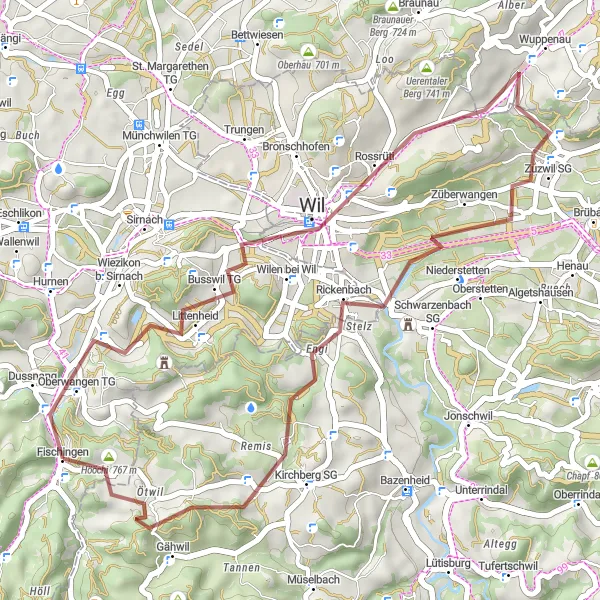 Miniatuurkaart van de fietsinspiratie "Fischingen - Hööchi fietsroute" in Ostschweiz, Switzerland. Gemaakt door de Tarmacs.app fietsrouteplanner