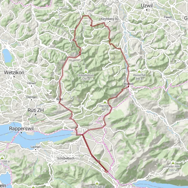 Miniaturekort af cykelinspirationen "Mountain Gravel Discovery fra Fischingen" i Ostschweiz, Switzerland. Genereret af Tarmacs.app cykelruteplanlægger