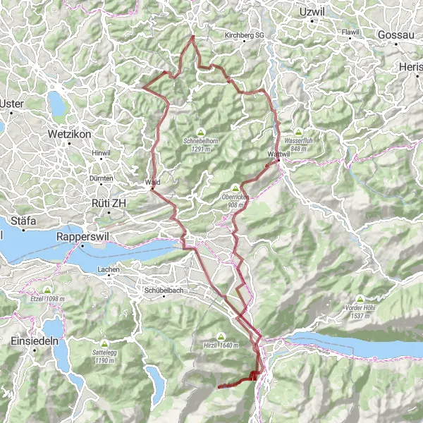 Miniatua del mapa de inspiración ciclista "Desafío extremo por Wattwil y Oberurnen" en Ostschweiz, Switzerland. Generado por Tarmacs.app planificador de rutas ciclistas