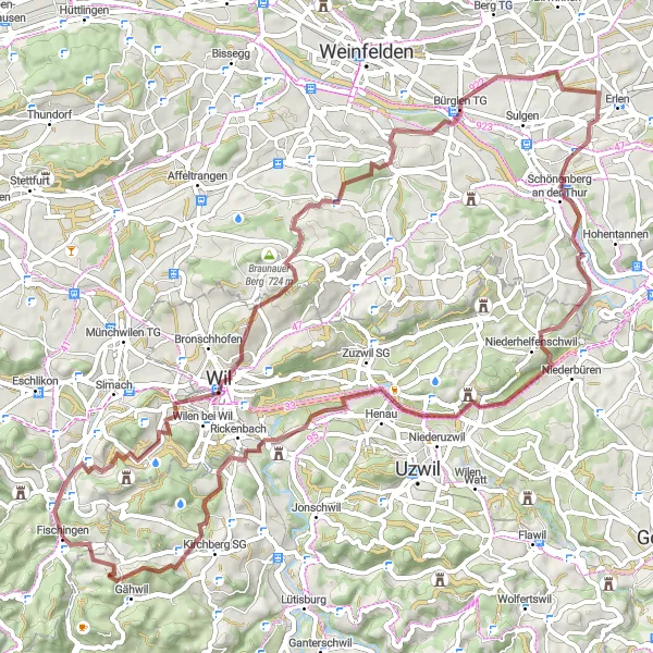 Miniaturekort af cykelinspirationen "Grusvejseventyret" i Ostschweiz, Switzerland. Genereret af Tarmacs.app cykelruteplanlægger