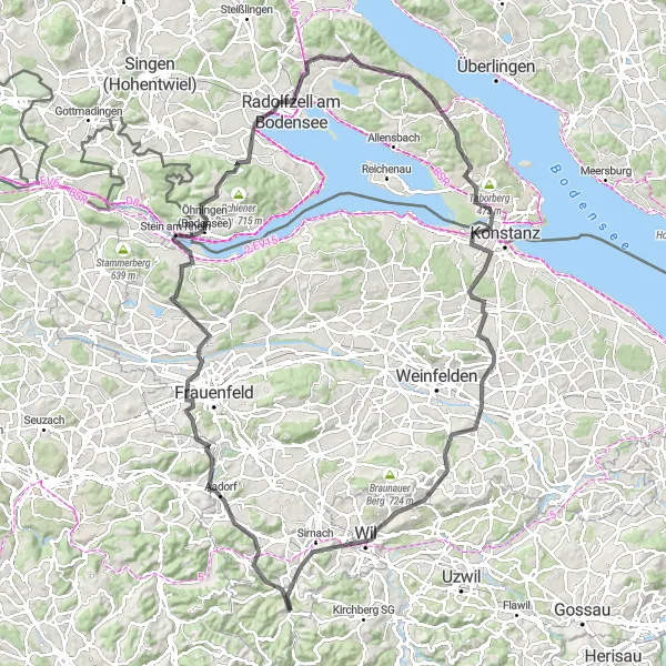 Miniatura della mappa di ispirazione al ciclismo "Giro in bicicletta da Fischingen a Stein am Rhein" nella regione di Ostschweiz, Switzerland. Generata da Tarmacs.app, pianificatore di rotte ciclistiche