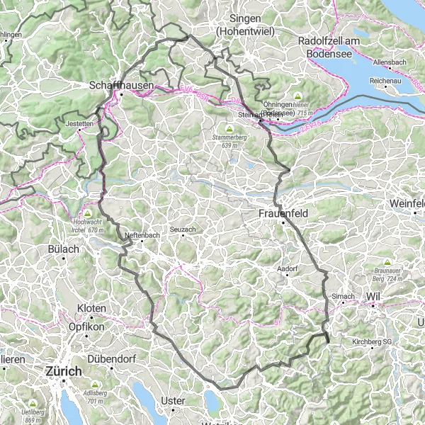 Miniatua del mapa de inspiración ciclista "Ruta escénica a Schaffhausen" en Ostschweiz, Switzerland. Generado por Tarmacs.app planificador de rutas ciclistas