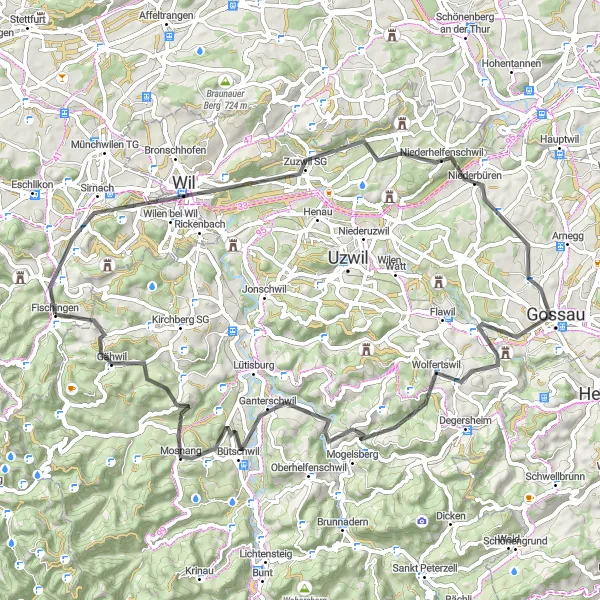 Mapa miniatúra "Cyklotrasa cez Gossau a Mosnang" cyklistická inšpirácia v Ostschweiz, Switzerland. Vygenerované cyklistickým plánovačom trás Tarmacs.app