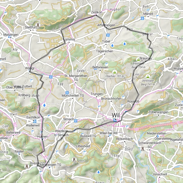 Miniatura della mappa di ispirazione al ciclismo "Tour delle colline di Fischingen" nella regione di Ostschweiz, Switzerland. Generata da Tarmacs.app, pianificatore di rotte ciclistiche