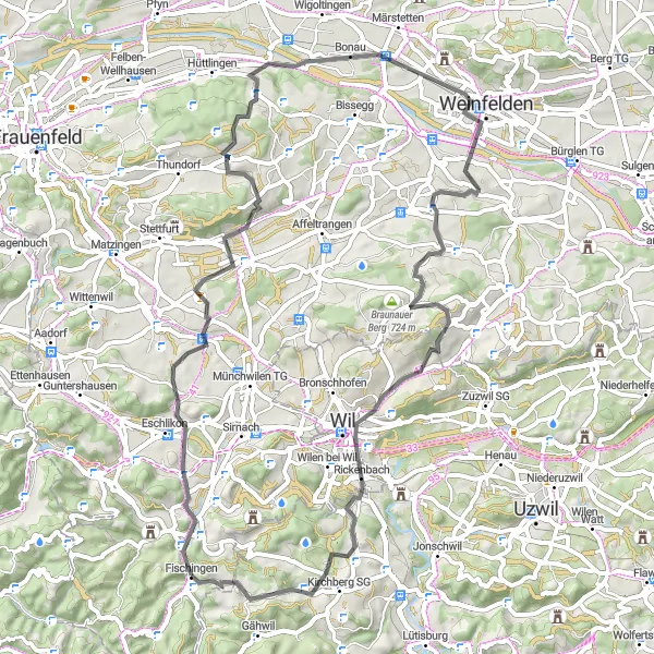 Miniaturní mapa "Zážitková cyklostezka kolem Weinfelden" inspirace pro cyklisty v oblasti Ostschweiz, Switzerland. Vytvořeno pomocí plánovače tras Tarmacs.app