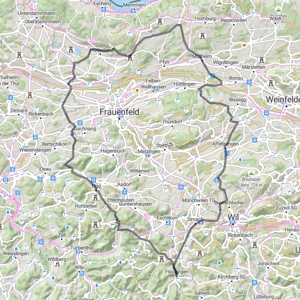 Mapa miniatúra "Panoráma okolo Fischingeru" cyklistická inšpirácia v Ostschweiz, Switzerland. Vygenerované cyklistickým plánovačom trás Tarmacs.app