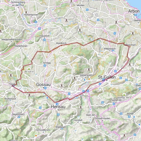 Miniatura della mappa di ispirazione al ciclismo "Giro in gravel da Flawil a Gossau" nella regione di Ostschweiz, Switzerland. Generata da Tarmacs.app, pianificatore di rotte ciclistiche