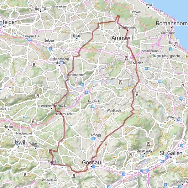 Zemljevid v pomanjšavi "Pustolovščina skozi naravo in zgodovino vzhodne Švice" kolesarske inspiracije v Ostschweiz, Switzerland. Generirano z načrtovalcem kolesarskih poti Tarmacs.app
