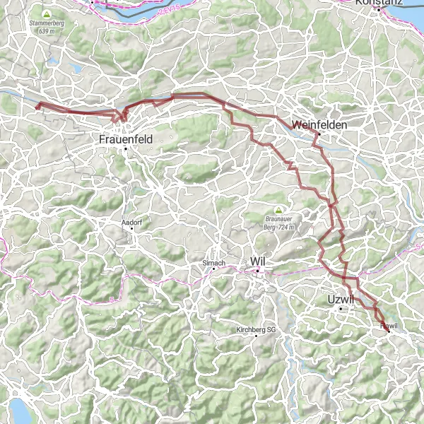 Miniatura della mappa di ispirazione al ciclismo "Tour in bicicletta gravel da Flawil a Uesslingen" nella regione di Ostschweiz, Switzerland. Generata da Tarmacs.app, pianificatore di rotte ciclistiche
