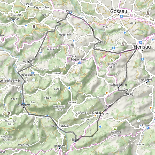 Miniatua del mapa de inspiración ciclista "Ruta escénica de ciclismo por Polishöchi y Sankt Peterzell" en Ostschweiz, Switzerland. Generado por Tarmacs.app planificador de rutas ciclistas