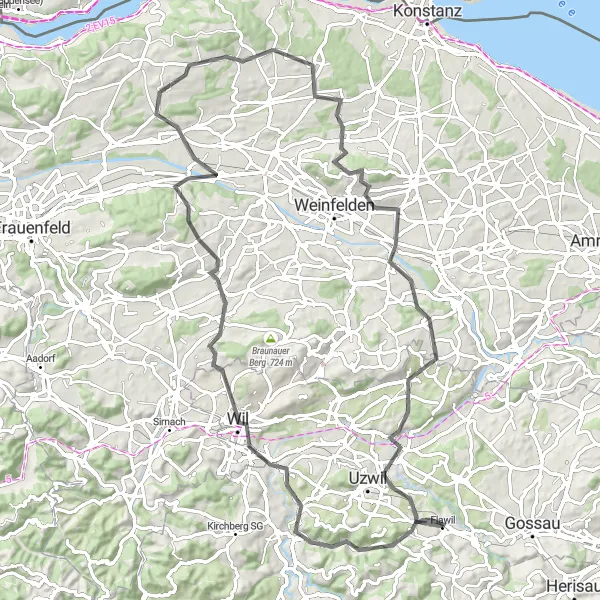 Kartminiatyr av "Vacker cykeltur längs landsvägarna i Ostschweiz" cykelinspiration i Ostschweiz, Switzerland. Genererad av Tarmacs.app cykelruttplanerare