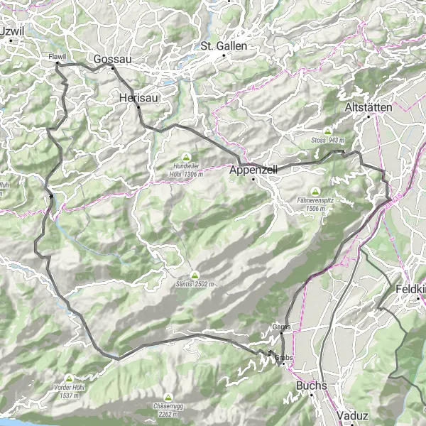 Miniaturní mapa "Road okruh přes Herisau a Sennwald" inspirace pro cyklisty v oblasti Ostschweiz, Switzerland. Vytvořeno pomocí plánovače tras Tarmacs.app