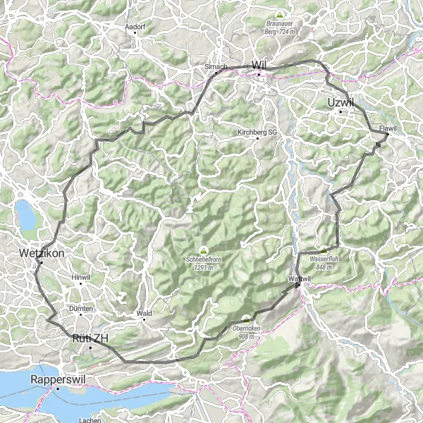 Map miniature of "Mogelsberg-Waterfluh-Oberricken-St. Gallenkappel-Gerbel-Wetzikon-Egg-Dussnang-Wil-Weidli-Uzwil" cycling inspiration in Ostschweiz, Switzerland. Generated by Tarmacs.app cycling route planner