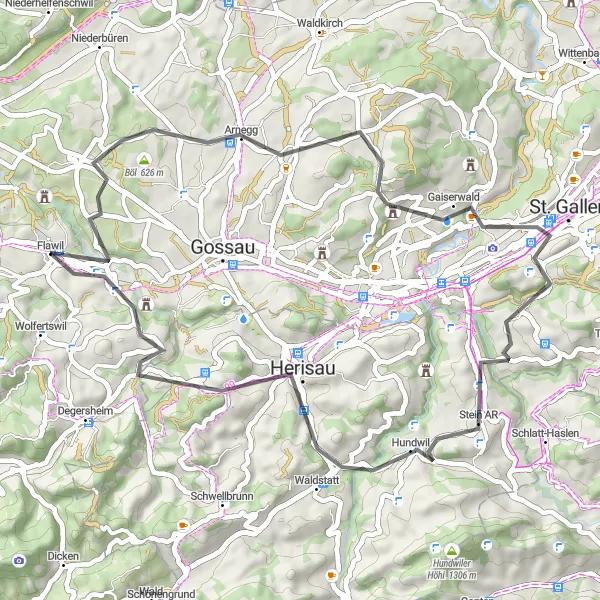 Map miniature of "Flawil Hill Loop" cycling inspiration in Ostschweiz, Switzerland. Generated by Tarmacs.app cycling route planner