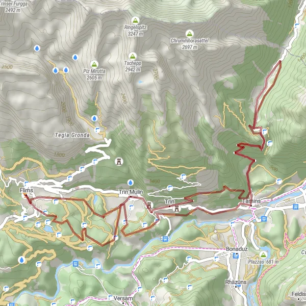 Map miniature of "Flims - Il Spir - Burgruine Wackenau - Kunkelspass - Burgruine Canaschal - Flims" cycling inspiration in Ostschweiz, Switzerland. Generated by Tarmacs.app cycling route planner